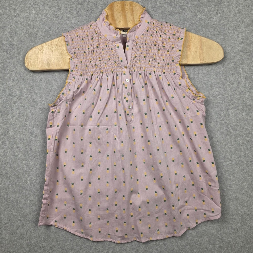 Ivy Jane Blouse Womens XS Pink Pineapple‎ Embroidered Ruffle Henley Sleeveless